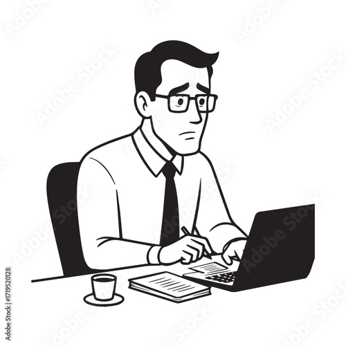 Black and white line art of a hardworking man at office desk with laptop and documents minimalist illustration