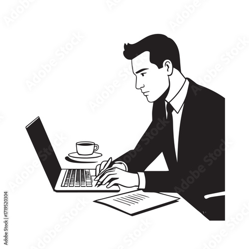 Black and white line art of a hardworking man at office desk with laptop and documents minimalist illustration