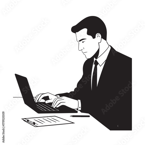 Black and white line art of a hardworking man at office desk with laptop and documents minimalist illustration