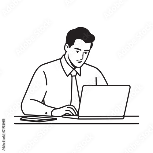 Black and white line art of a hardworking man at office desk with laptop and documents minimalist illustration