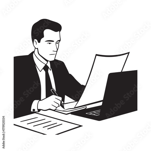 Black and white line art of a hardworking man at office desk with laptop and documents minimalist illustration
