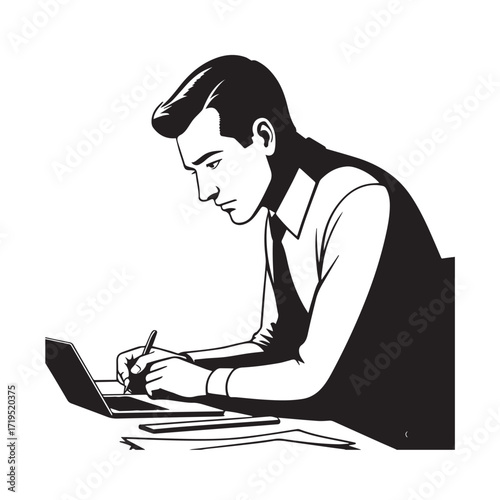 Black and white line art of a hardworking man at office desk with laptop and documents minimalist illustration