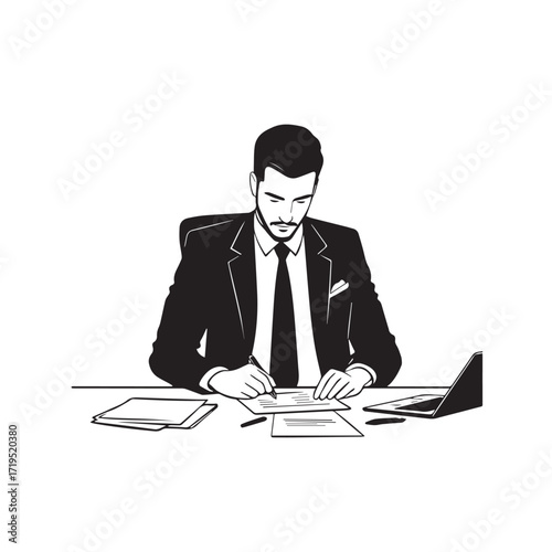 Black and white line art of a hardworking man at office desk with laptop and documents minimalist illustration