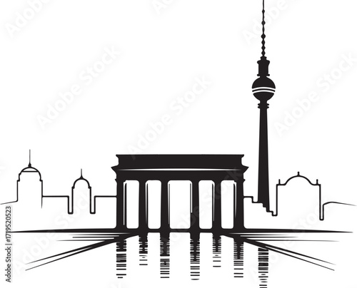 Urban Skyline with Arch and Tall Tower Silhouette