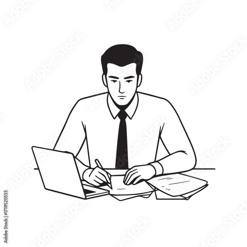 Black and white line art of a hardworking man at office desk with laptop and documents minimalist illustration