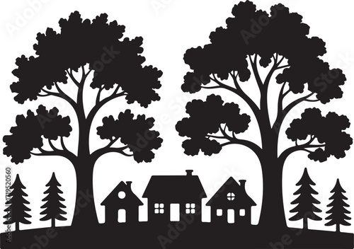 Black Silhouette of Trees and Houses Illustration