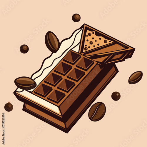 Delicious dark chocolate bar with coffee beans scattered around on a light brown background