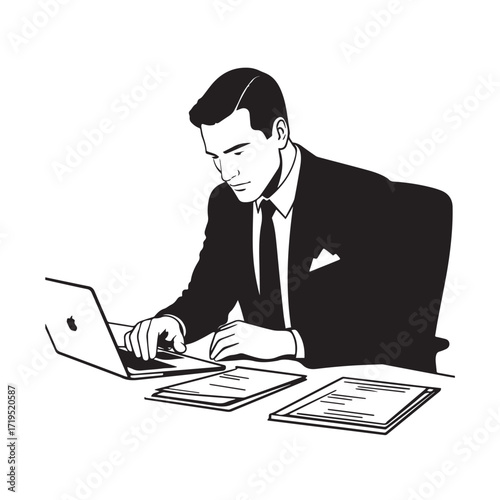 Black and white line art of a hardworking man at office desk with laptop and documents minimalist illustration