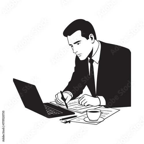 Black and white line art of a hardworking man at office desk with laptop and documents minimalist illustration