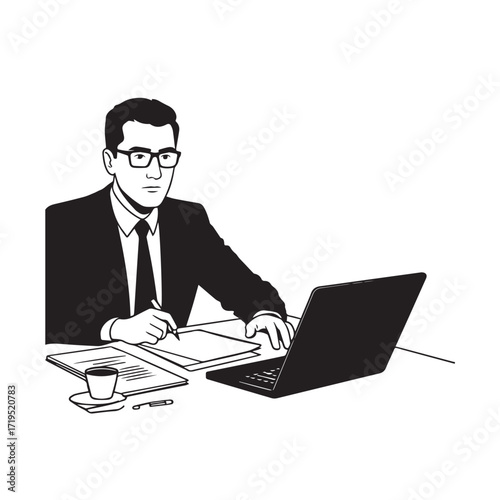 Black and white line art of a hardworking man at office desk with laptop and documents minimalist illustration