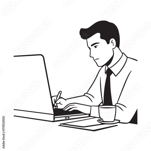Black and white line art of a hardworking man at office desk with laptop and documents minimalist illustration