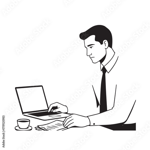 Black and white line art of a hardworking man at office desk with laptop and documents minimalist illustration