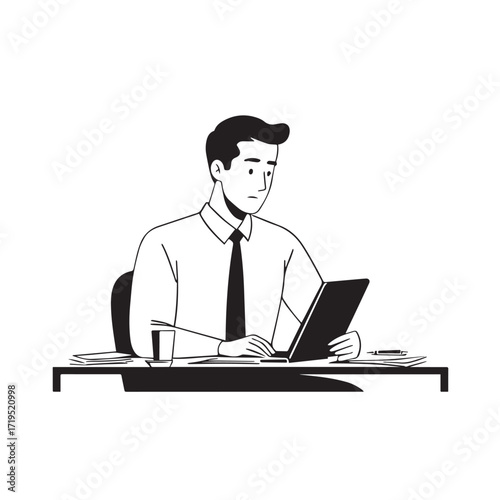 Black and white line art of a hardworking man at office desk with laptop and documents minimalist illustration