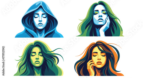 A collection of four distinct portraits of women in a pixel art style featuring flowing hair and closed eyes.