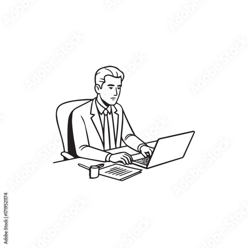 Black and white line art of a hardworking man at office desk with laptop and documents minimalist illustration
