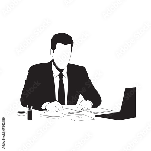 Black and white line art of a hardworking man at office desk with laptop and documents minimalist illustration