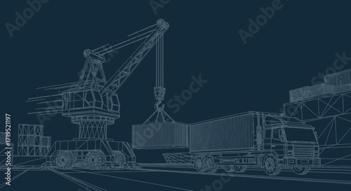 Technical blueprint illustration of a cargo crane loading a container onto a truck in a shipyard