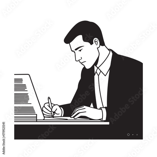 Black and white line art of a hardworking man at office desk with laptop and documents minimalist illustration