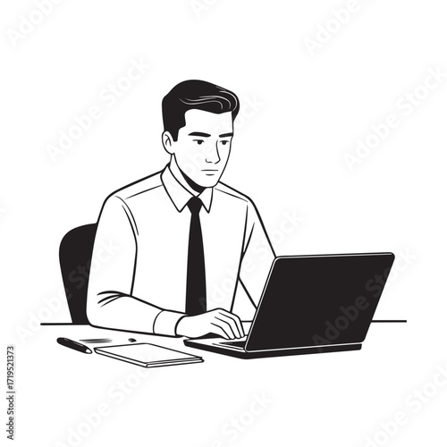 Black and white line art of a hardworking man at office desk with laptop and documents minimalist illustration