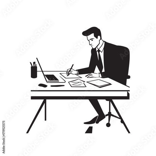 Black and white line art of a hardworking man at office desk with laptop and documents minimalist illustration