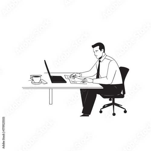 Black and white line art of a hardworking man at office desk with laptop and documents minimalist illustration
