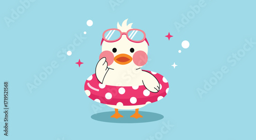 A cute fluffy duck wearing sunglasses floats happily in a pink polka dot inner tube in clear blue water surrounded by tiny bubbles and sparkles.