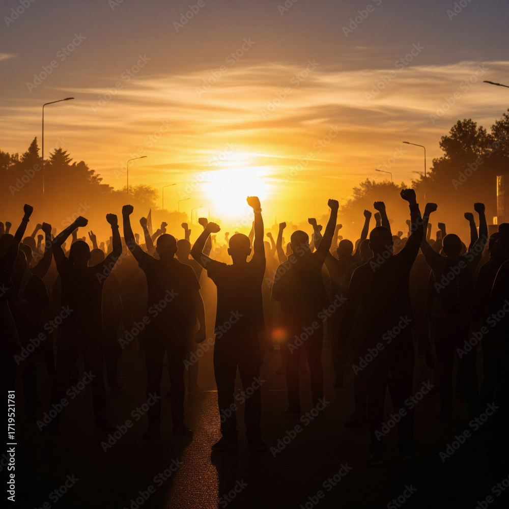 Fototapeta premium Silhouette Of A Crowd With Raised Fists Against A Golden Sunrise