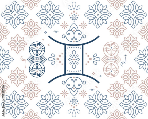 Gemini Zodiac Seamless Pattern Modern geometric and ethnic designs for Textiles, Carpets, Tiles and Fabrics.