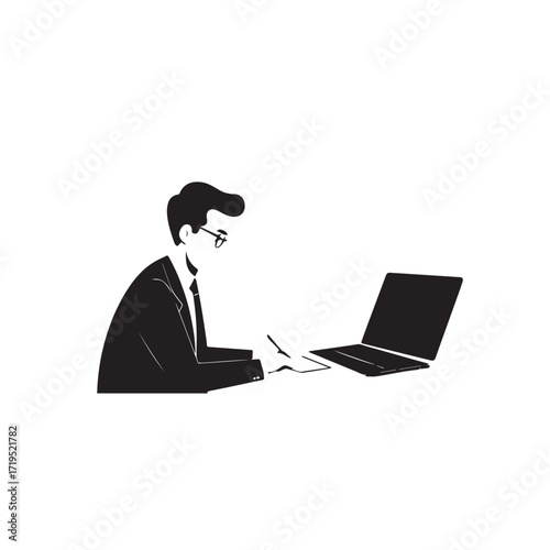 Black and white line art of a hardworking man at office desk with laptop and documents minimalist illustration