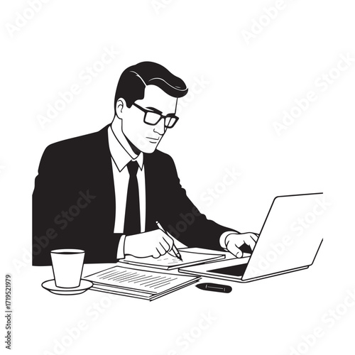 Black and white line art of a hardworking man at office desk with laptop and documents minimalist illustration