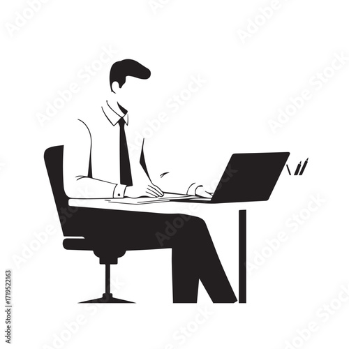 Black and white line art of a hardworking man at office desk with laptop and documents minimalist illustration