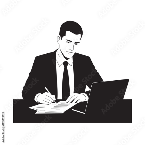 Black and white line art of a hardworking man at office desk with laptop and documents minimalist illustration