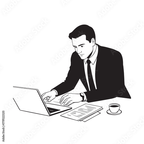 Black and white line art of a hardworking man at office desk with laptop and documents minimalist illustration
