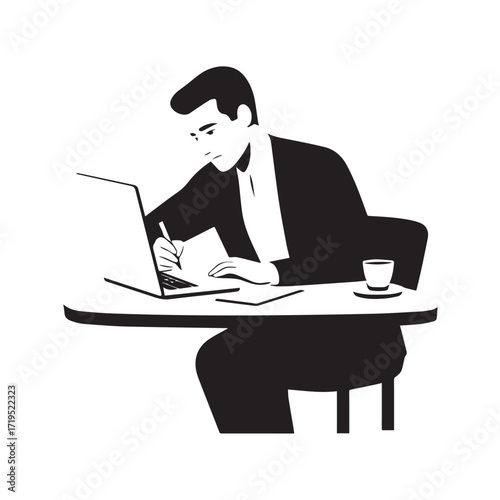 Black and white line art of a hardworking man at office desk with laptop and documents minimalist illustration