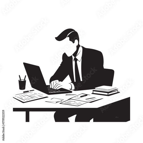 Black and white line art of a hardworking man at office desk with laptop and documents minimalist illustration