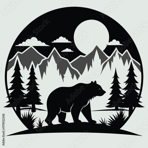 Silhouette of a bear walking in a forest with mountains and moon in a circular frame