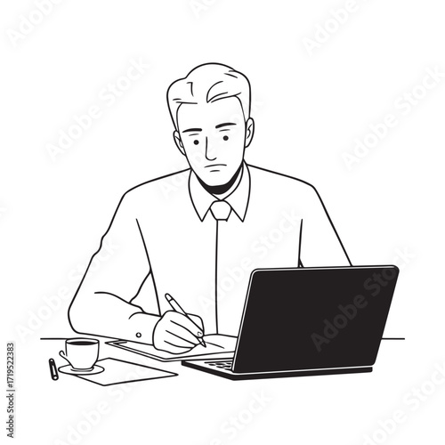 Black and white line art of a hardworking man at office desk with laptop and documents minimalist illustration
