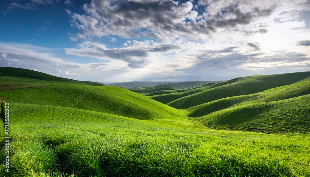 Obraz premium Lush Green Rolling Hills Under A Partially Cloudy Sky In A Serene Landscape During Midday
