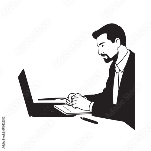 Black and white line art of a hardworking man at office desk with laptop and documents minimalist illustration