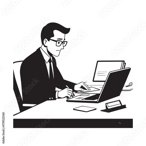 Black and white line art of a hardworking man at office desk with laptop and documents minimalist illustration
