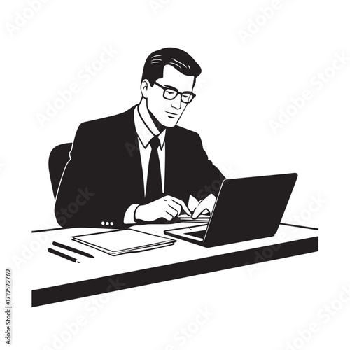 Black and white line art of a hardworking man at office desk with laptop and documents minimalist illustration