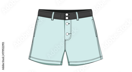 Light blue denim shorts with a black waistband and button closure.