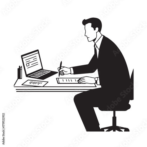 Black and white line art of a hardworking man at office desk with laptop and documents minimalist illustration