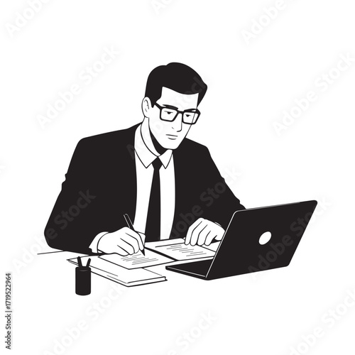 Black and white line art of a hardworking man at office desk with laptop and documents minimalist illustration