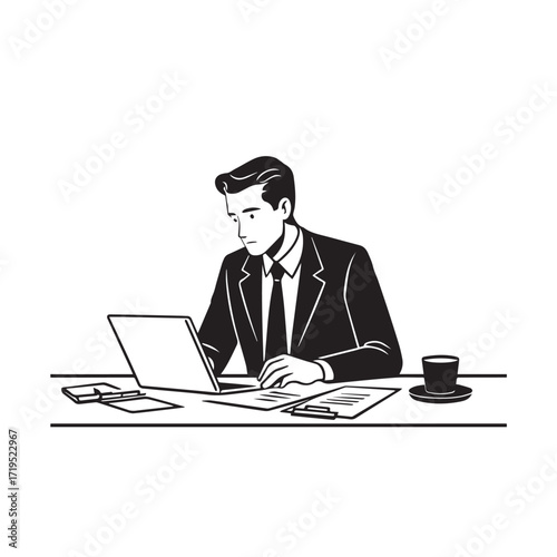 Black and white line art of a hardworking man at office desk with laptop and documents minimalist illustration