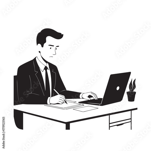 Black and white line art of a hardworking man at office desk with laptop and documents minimalist illustration