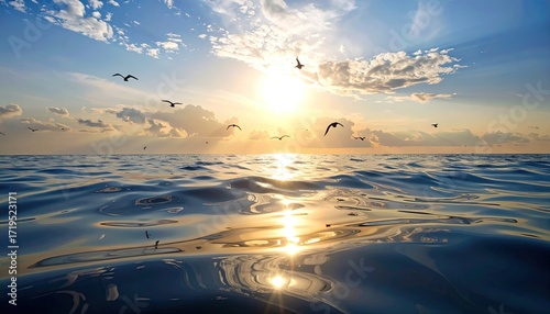 Vibrant Sunset Over Rippling Blue Ocean Waves Reflecting Golden Light Under Cloudy Sky with Horizon and Bright Sunlight Glimmering on Water Surface