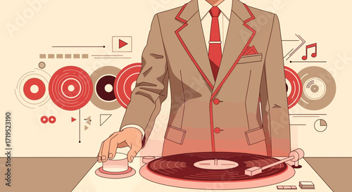 Vintage styled DJ illustration in a classic suit mixing music with vinyl records and abstract art