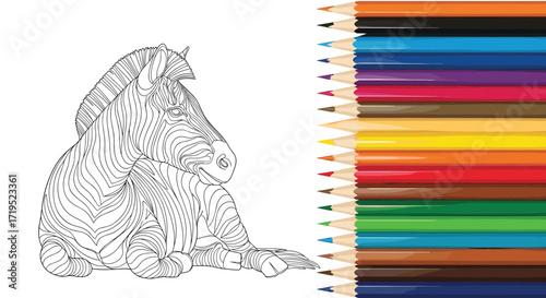 A coloring page featuring a detailed drawing of a majestic lion next to a vibrant assortment of colored pencils.