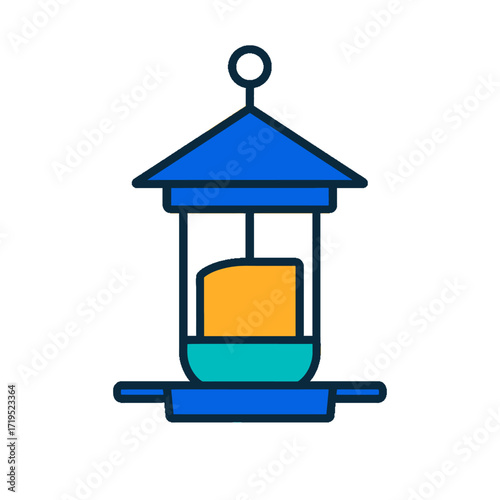 Colorful hanging bird feeder icon with suet block.